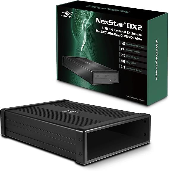 NexStar DX2 USB 3.0 External Enclosure, Design for 5.25" Blu-Ray/CD/DVD SATA Drive, 2nd Gen DX, Aluminum Alloy, fit Any Depth Optical Drive, TAA Compliant, USB Hot swappable (NST-540S3-BK)