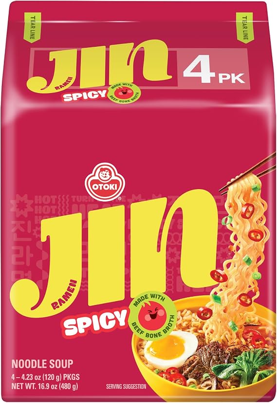 OTOKI Jin Ramen with Spicy Flavour, Authentic Korean Instant Noodles, Authentic Korean Ramen Soup Mix, Aromatic and Rich Gourmet Ramen 120g (Pack of 4)