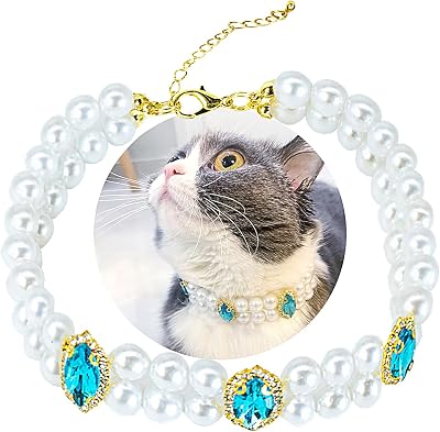 Dog Cat Collar Necklace with 2 Row White Pearls Blue Rhinestones, Adjustable Bling Diamond Double layered Puppy Jewelry for Small Medium Pet, M 11IN