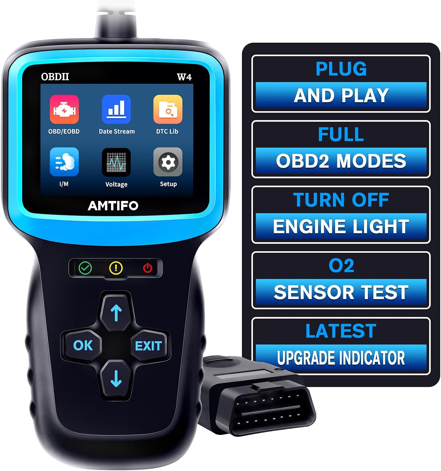 OBD2 Scanner Color Screen Live Data: Easy Set up Reset Clear Engine Error Code Plug&Play Upgraded Indicator Light Test VoltageEVAPO2 Sensor Diagnostic Scan Tool for All Cars Since 1996,AMTIFO W4