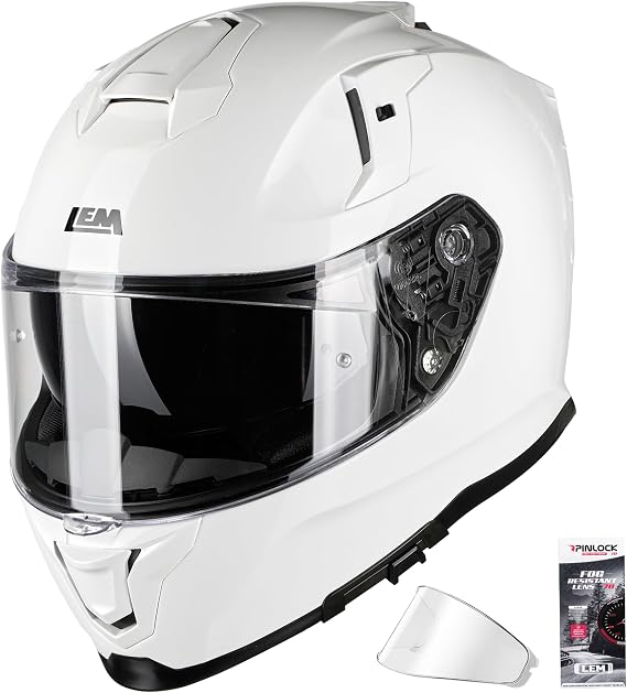 LEM Motorcycle Helmets Full Face for Men, Motorcycle Helmet for Adults, DOT Certified, PINLOCK & DVS Dual Vision, Motorcycle Street Bike Helmet, Bluetooth Speaker Pockets (White Large) VZN FP09