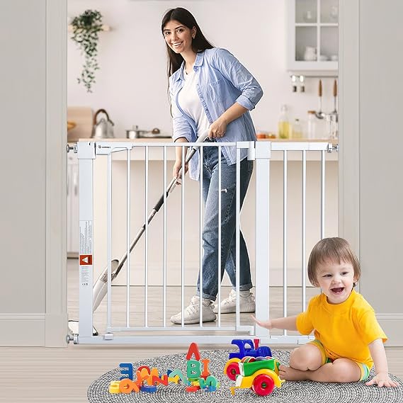 COMOMY 29.5-40.5" Extra Wide Baby Gate, Auto Close Dog Gate for House | Pressure Mounted Easy Walk Thru Pet Gate Safety Child Gate, Includes 4 Wall Cups and 2 Extension Pieces, White