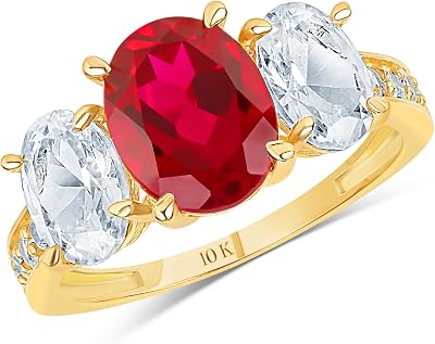 MAX  STONE Solid 10K Gold Gemstone Rings for Women | Three Stone Birthstone Rings in Sizes 6 to 8 | Anti Tarnishing Real 10kt Gold Statement Cocktail Ring with Gift Box