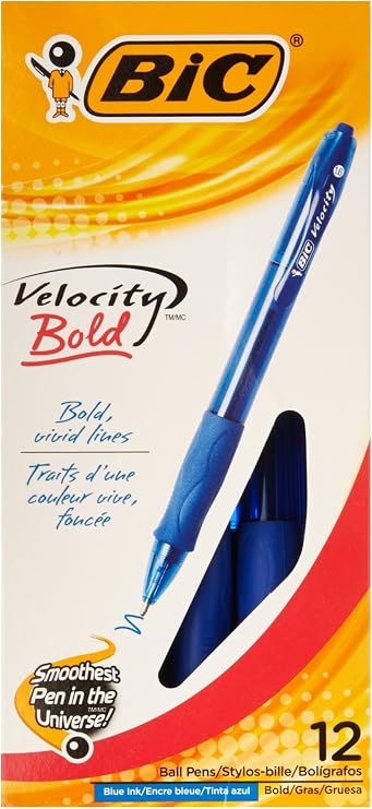 BIC Velocity Retractable Ballpoint Pen, Blue Ink, 1.6mm, Bold, Dozen