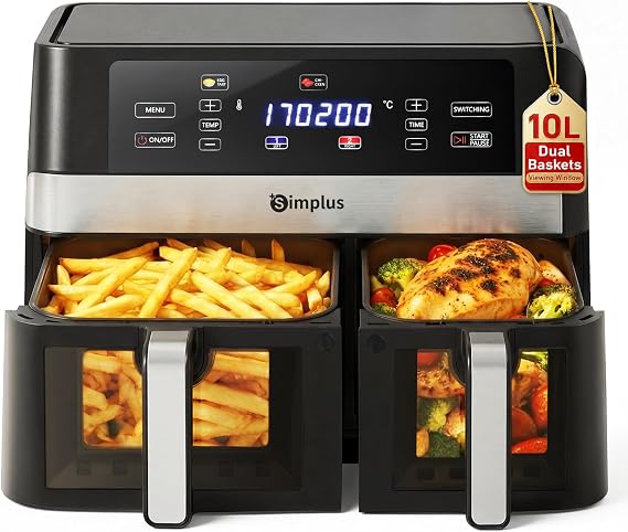 SIMPLUS Airfryer 10L Hot Air Fryer Double Basket with Viewing Window 2 Chambers with Independent Temperature Control 11 Programmes LCD Touch Screen 1800 W Airfryer Timer & Preheating Non-Stick Coating