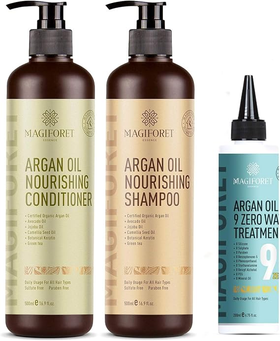 MagiForet Argan Oil Shampoo + Conditioner + Hair Treatment Set (2 x 500 ml + 200 ml) - Organic Sulfate Free, Paraben Free Gentle on Curly & Color Treated Hair, For Men & Women