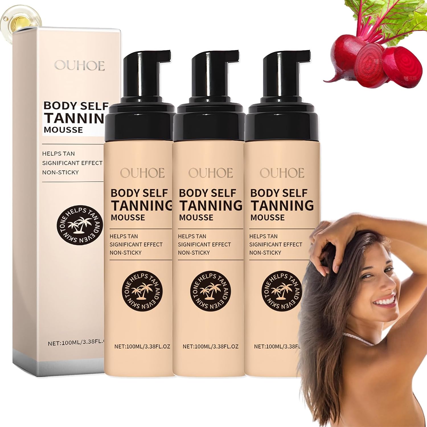Body Self Tanning Mousse, Sunless OUHOE Tanner Body Self Tanning Mousse Travel Size, Streak-Free, Fake Tan Finish, Organic Self Tan Mousse for All Skin Types 3pc