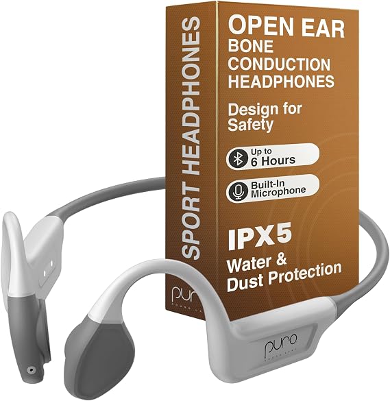 Puro Sound Labs - Kids Headphones, Volume-Limiting 85dB, PuroFree, Grey | Bone Conduction Headphones Bluetooth 5.3 with Built-in Mic, Sweatproof & IPX5 Waterproof, 6-Hour Battery Life, Fitness