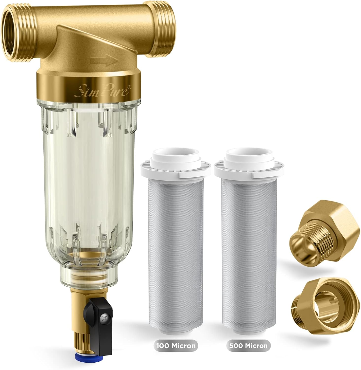 SimPure 100500 Micron Spin-Down Sediment Filter, Reusable Whole House Sediment Water Filter, Pre-Filtration System for CityWell Water, 1 MNPT  34 FNPT  34 MNPT  34 MNPT BPA Free