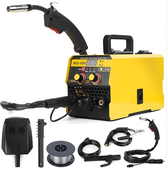 soldadoras portatiles para metal 3 in 1 Gasless MIG Welder Machine,140A Portable Welding Kit for Home,110V/220V Dual Voltage with LED Digital Display,Masque,Brush,Cables & Accessories (Yellow 5.5KW)