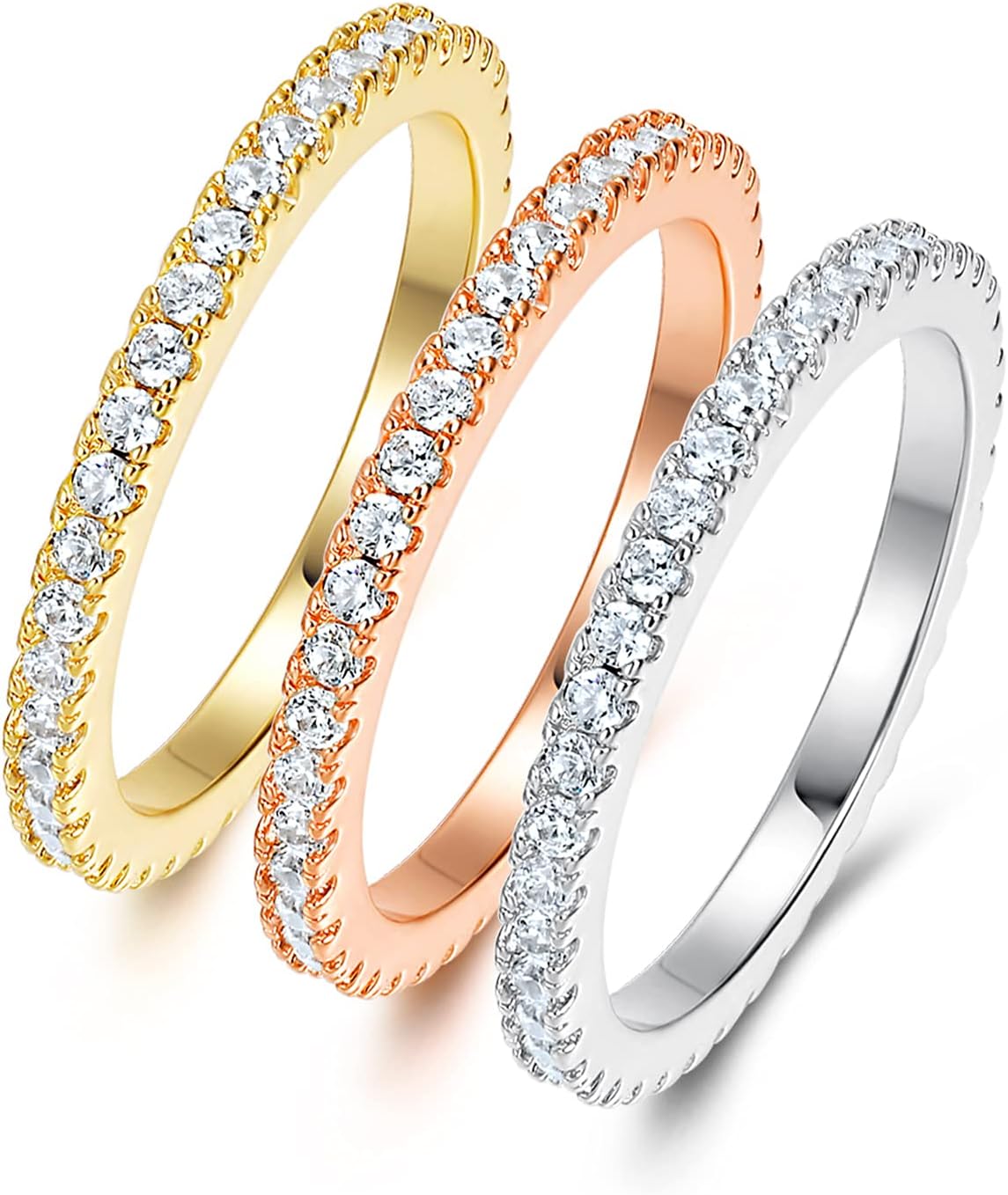MDFUN Tri-Color Gold Plated Cubic Zirconia Band Stackable Promise Ring 3 PCS Set
