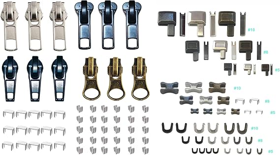 12 Pcs Zipper Pull #5 Sliders Kit with Zipper Retainer Insertion Pin Box #10#8#5