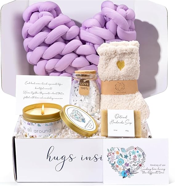 Sympathy Gift Baskets for Loss of Loved One Mother Father Husband Mom Dad, Memorial Condolences Bereavement Grief Gifts for Loss, Miscarriage Gifts for Mothers Women Care Package Box w/Purple Pillow