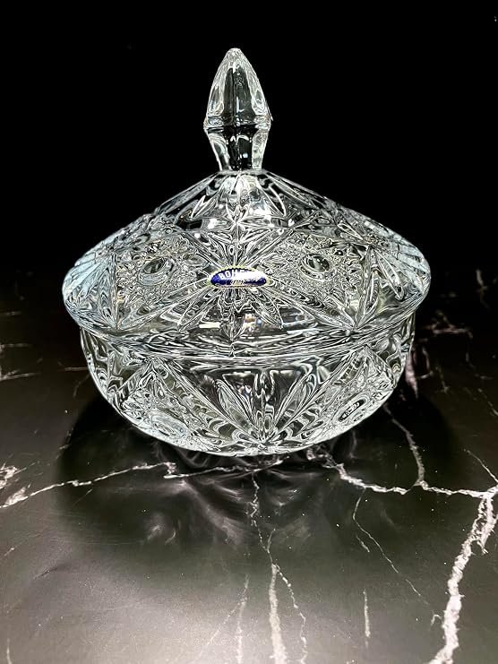 Czech Crystal Glass Sugar Bowl Dia-5.5''/H-6'' Bohemian Elegant Centerpiece Vintage Design Dessert Caviar Nuts Jam Holiday Decorative Gift Birthday Wedding Housewarming