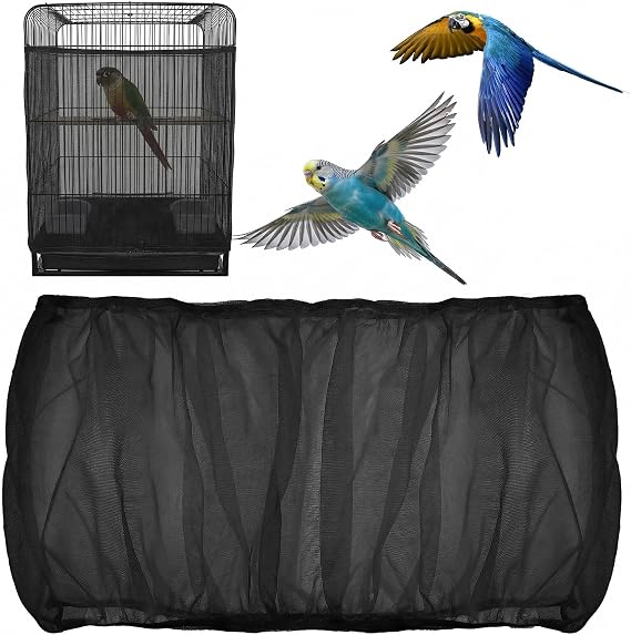 Adjustable Bird Cage Seed Catcher, Black Bird Cage Net Birdcage Cover Skirt Nylon Mesh Netting, Stretchy Birds Cages Guard for Parrot Parakeet Macaw African Any Cages Cover