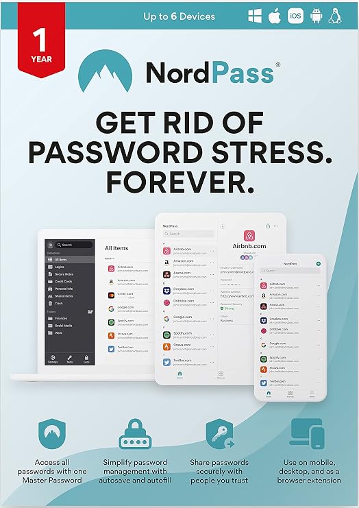NordPass 1-Year Premium Password Manager Subscription for Unlimited Devices - Password Manager Software with Top-Tier Encryption, Data Breach Scanner, Secure Password Sharing [Physical box]