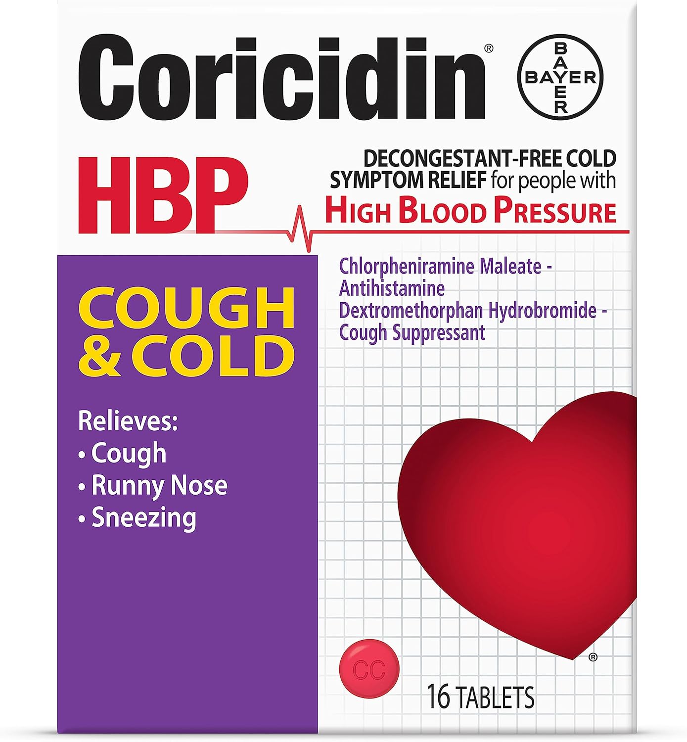 Coricidin HBP Decongestant-Free Cough and Cold Medicine - Specially Designed Relief for High Blood Pressure, Cough, Runny Nose, Sneezing and Cold Symptoms 16 Count