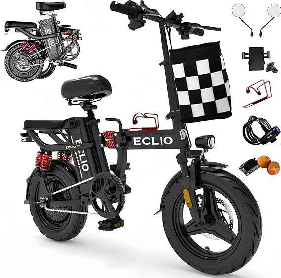 DDC SPORT Folding Electric Bike, Peak 800W Motor 20MPH,48V 14Ah Removable Battery 55Miles Ebike,14'' Lightweight Adults Electric Bicycles for Men/Women/Teens,Mini E-Bike,Full Suspension