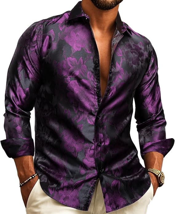 Barry.Wang Mens Paisley Shirt Luxury Button Down Western Mexico Party Tops