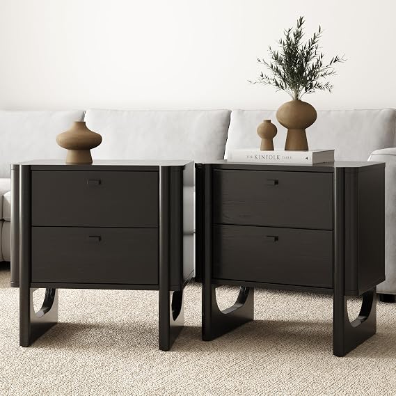 Nathan James Solace Mid Century Modern 2 Drawer Nightstand with Solid Wood Frame and Rounded Details, Black Set of 2