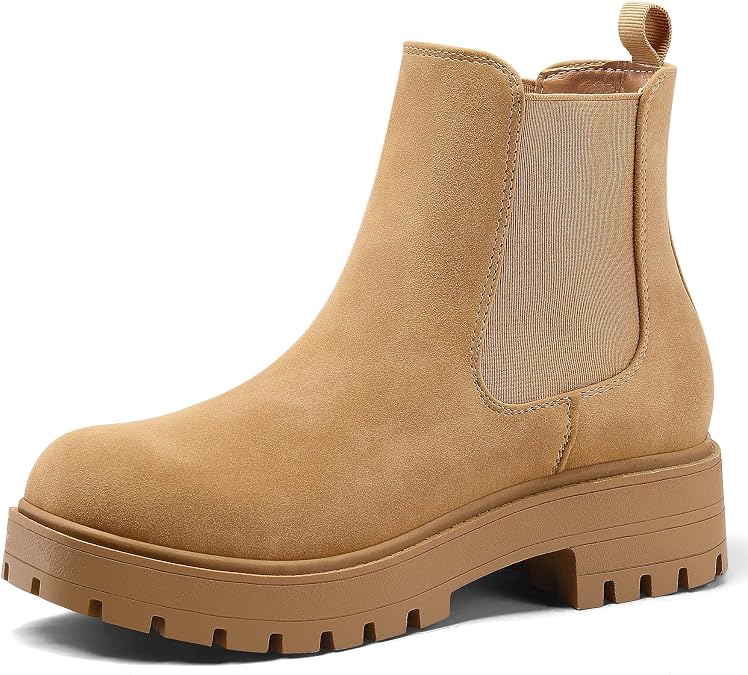 mysoft Women's Chelsea boots Low Heel Slip On Lug Sole Elastic Ankle Booties