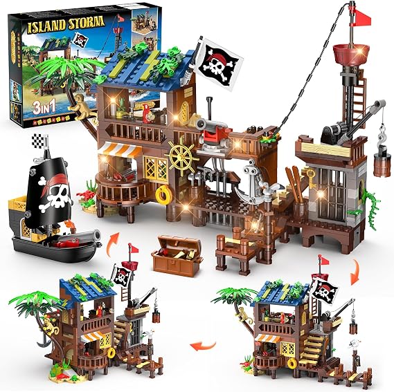 HOGOKIDS 3-in-1 Pirate House STEM Building Set with LED Light for Boy 6-12+ | 781PCS Pirate Ship Wharf Supply Center Building Block Toy, Exploration Adventure Bricks Kit, Christmas Birthday Gift for Kids