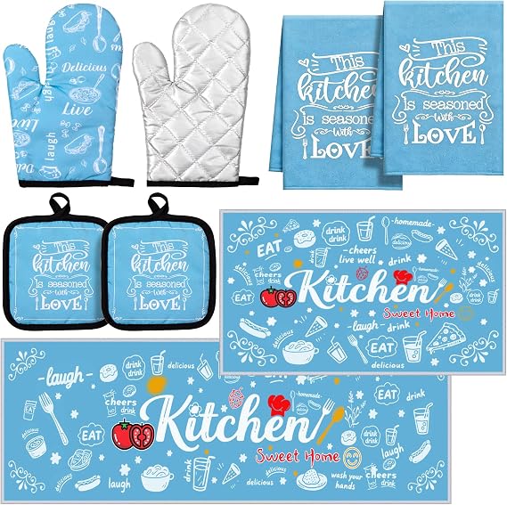 8 Pcs Farmhouse Kitchen Set, Blue Rugs, Oven Mitts, Pot Holders & Towels