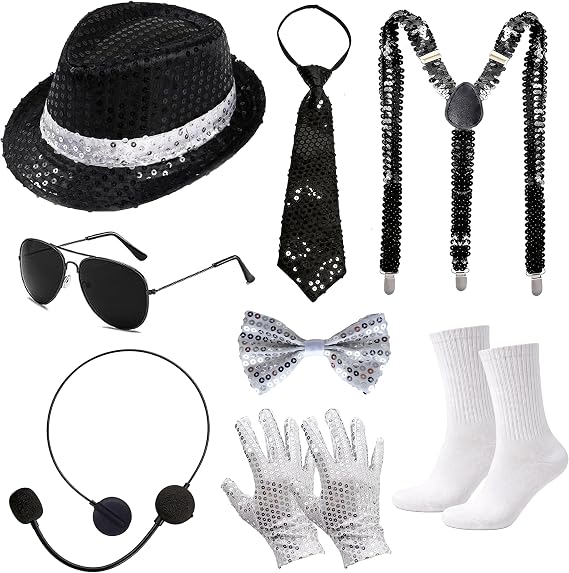 RIOSO 70s 80s Disco Outfits Dance Star Costume 70s 80s Pop Stage Sequin Gloves Black Fedora Hat Aviator Sunglass Tie Sequin Strap for Cosplay Party Halloween