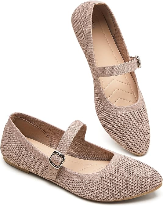 BABUDOG Women's Mary Jane Flats with Buckle Strap,Pointed-Toe Dress Shoes