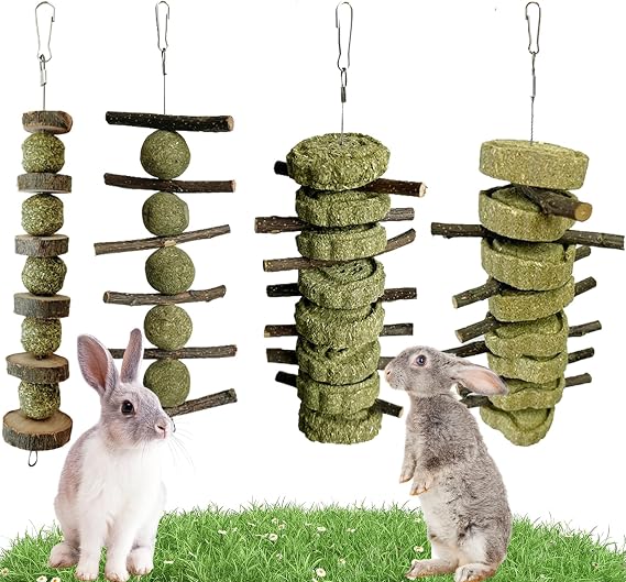 LWINGFLYER 4 Pack Bunny Chew Toys Apple Wood Chews Rabbit Cage Hanging Grass Cake Snack Treat for Teeth Grinding Improve Small Pet Guinea Pigs Chinchillas Hamsters Parrots Dental Health