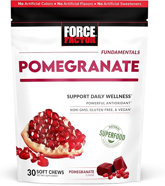Force Factor Pomegranate Soft Chews for Healthy Aging, Heart, Bone, Brain Health, Made with Real & Premium Pomegranate Juice Powder, Non-GMO,