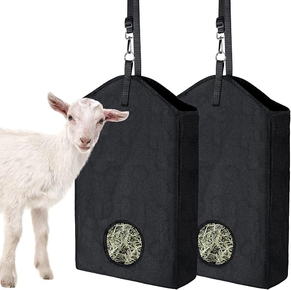 2 Pcs Hay Feeder for Goat Nylon Goat Feeder Slow Feed Hay Bag Goats Horse Hay Net with Metal Fastener and Adjustable Strap for Sheep Paddock (Black)