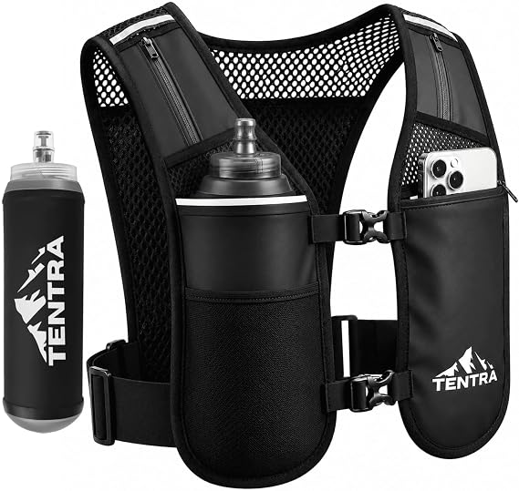 Running Phone Holder Vest with 500ml Water Bottle, Lightweight Hydration Vest for Women Men, Waterproof Phone Pocket, Adjustable Reflective Running Vest with 8 Pockets for Running Accessories