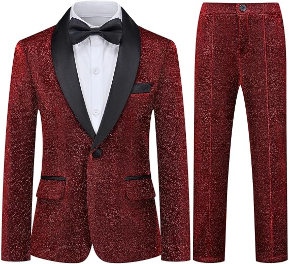 Boys Tuxedo Suit Slim Fit 3 Piece Velvet Tux Blazer Jacket Pants Bow Tie Toddler Kids Wedding Formal Outfit Set