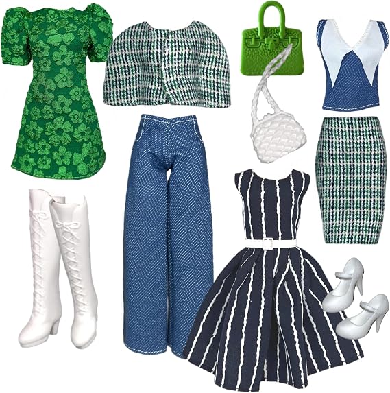 Eledoll 11.5 inch Doll Clothes Lot Deluxe Fashion Pack Green/Blue Tweed Blazer Suit Set Evelyn Grace 1950's 1960's Fashion Set Mix Match with White Boots