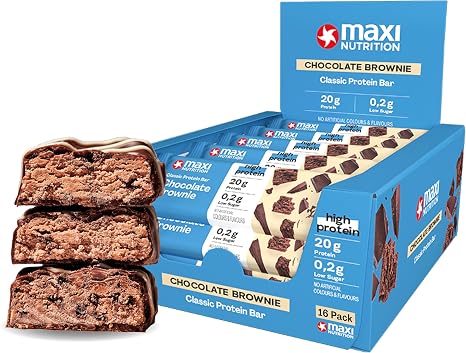 MaxiNutrition Classic Protein Bar Chocolate Brownie 16 x 40g - Protein Riegel mit 50% Eiweiß 20g Protein pro Riegel low sugar (02g) ohne Zuckerzusatz ohne künstliche Aromen/Farbstoffe
