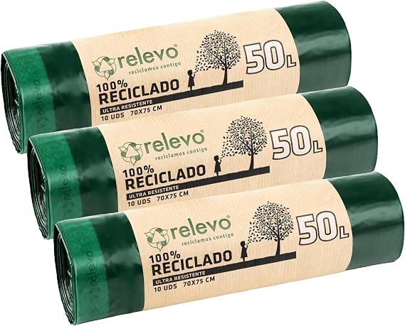 Relevo 100% Recycled Bin Liners, Heavy Duty 50L, 10 Bin Bags (Pack of 3)