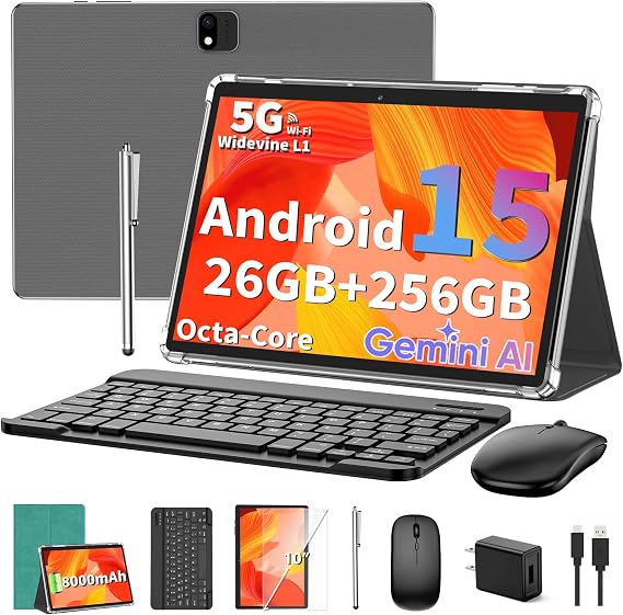 Android 15 Tablet with Keyboard, 10 inch Tablet with 26GB+256GB+2TB Expand