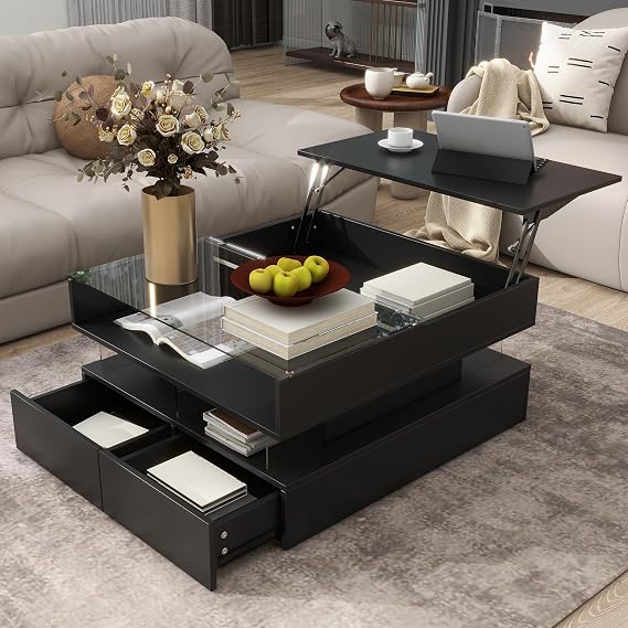 Lift-Top Coffee Table with 2 Drawers, Modern Square Coffee Table for Living Room Office, Tempered Glass Top and High-Gloss Finish, Hidden Space and LED Lights (Black)