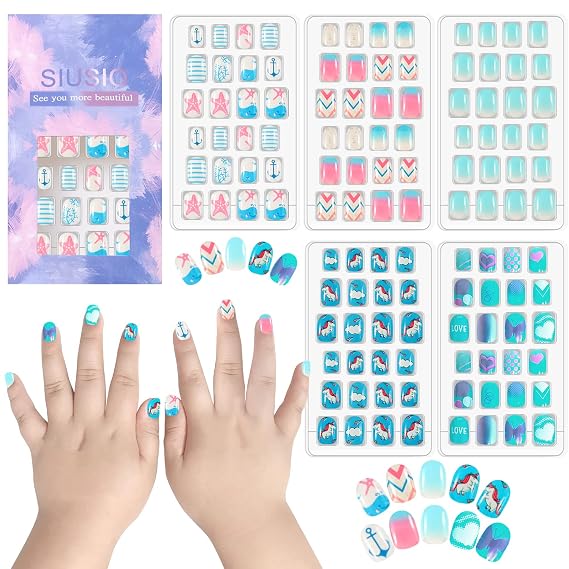 120 Pcs 5 Pack Children Acrylic Fake Nails Press on Cute Pre-glue Full Cover Glitter Gradient Color Rainbow Short Kids Stick On False Nail Art Kits Set for Kids Little Girls - Azure Ocean Party