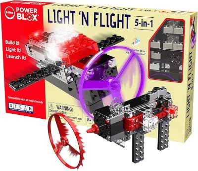 E-Blox Power Blox Light N Flight 5-in-1 STEM Kit 58 Pieces, LED Light Up Building Blocks & Fan Launch Toy Set, Build 5 3D Structures, Great Science Project for Kids, Birthday Gift, Boys, Girls, 8