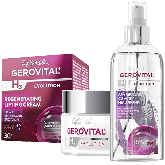 Gerovital H3 EVOLUTION Anti-Aging 2-Pack Bundle Night Routine: Dual Hyaluronic Acid & Superoxide Dismutase SOD: Regenerating Liftinfting Night Cream (50ml) and Hydrating Micellar Water (150ml)