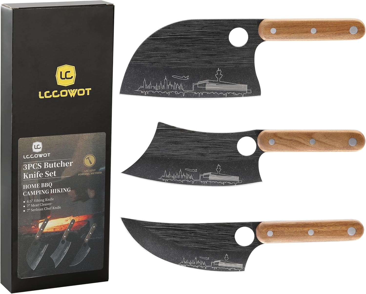 Lccowot 3 Piece Butcher Knife Set, 7 Butcher Meat Cleaver, 7 Serbian Chef Knife and 6.5 Viking Knife, Kitchen Knife Set with Wood Handle for Home, Outdoor, Camping BBQ Unique Airport Pattern
