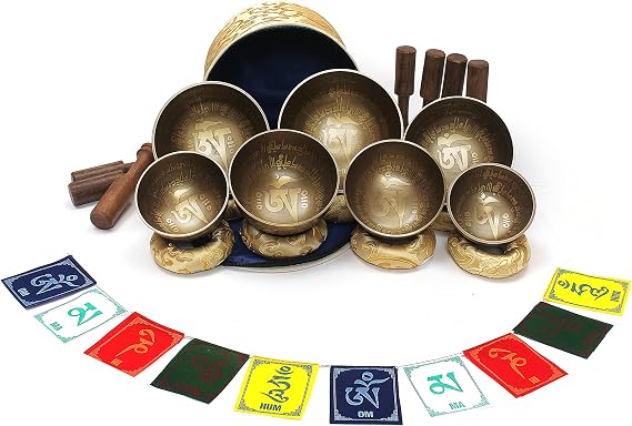 Tibetan Singing Bowl Set of 7, 3- 5.2 Om Mane Padme Hum Singing Bowl, Himalayan Singing Bowl, Handmade, w/ silk cushions, 7 sticks, Flag and Silk Brocade Box, ESK-06