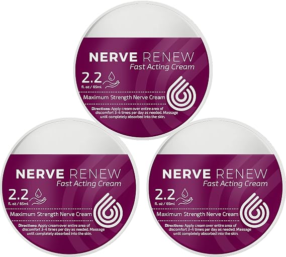 NERVE RENEW Cream - Fast-Acting Nerve Discomfort Support Cream - 2.2 fl. oz/65 ml - Maximum Strength and Fast Absorption - Safe and All-Natural - Targeted Nerve and Muscle Health - 3 Pack