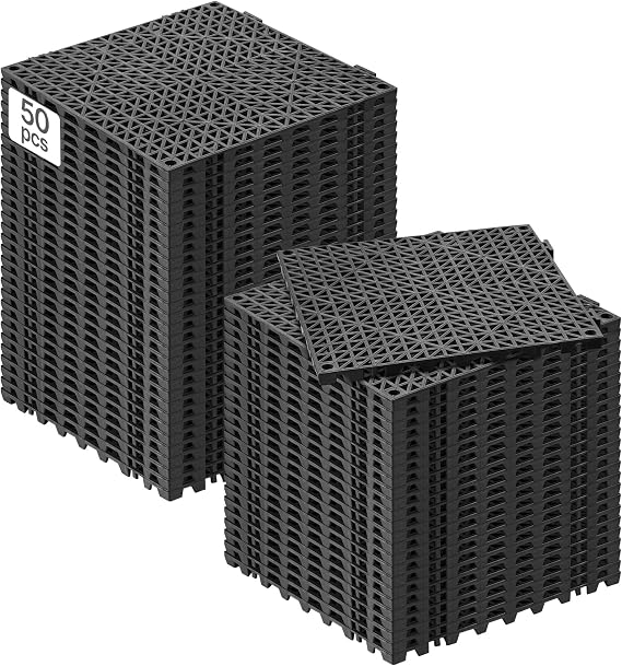 VEVOR Interlocking Tile 50PCS Black, Drainage Tiles 12" x 12" Splicing, Soft PVC Interlocking Drainage Floor Tiles, Non-Slip Drainage Holes for Restroom, Bathroom, Kitchen, Pool, Wet Areas