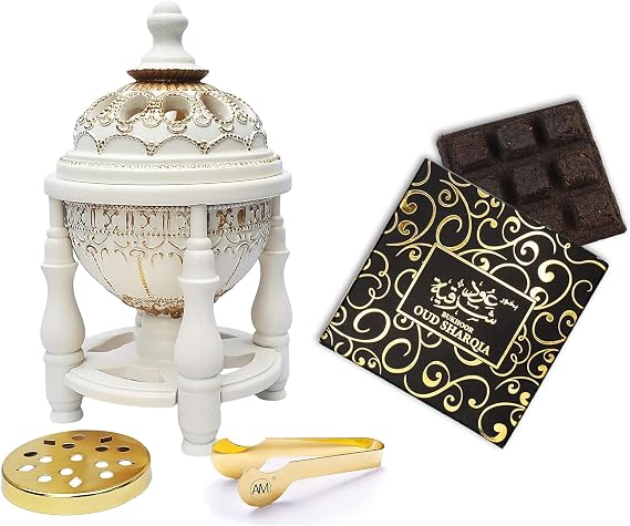 AM Bakhoor Aromatherapy Set - Charcoal Incense Burner with Oud Sharqia Arabic Incense Bricks | Perfect for Meditation and Home Decor