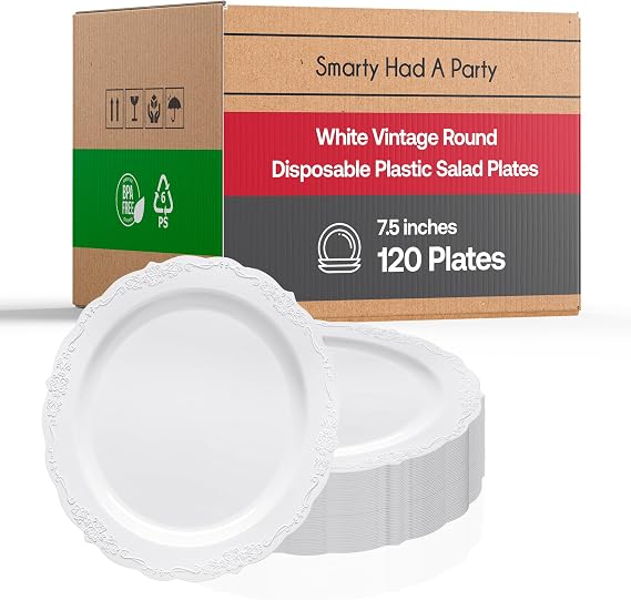 Elegant Plastic Plates, Disposable Dinnerware Sets, Plastic Dinner Plates, Disposable Plates for Party, Disposable Plastic Plates, Party Plates (White, 120 Plates (7.5" Salad Plates))