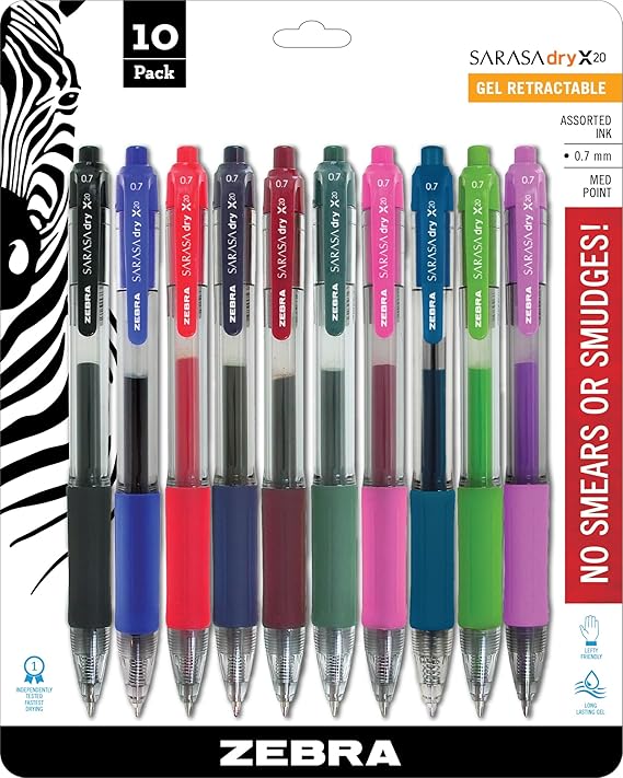 Zebra Pen SARASA X20 Retractable Gel Pen, Assorted Ink, 0.7mm, 10-Pack