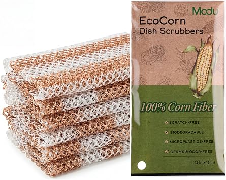 Modu 6 Pack EcoCorn Dish Sponges Scrubbers 100% Corn Fiber, Biodegradable Kitchen Scrub Pads for Multipurpose Household Cleaning, Odor-Free, Plastic-Free Kitchen Mesh Net (Thin & Foamy 6 Count)